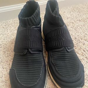 Size 8.5 CHANEL Stretch Speed black logo strap sock knit high top sneakers